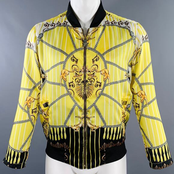VERSACE COLLECTION Size M Yellow Black Chain Polyester Bomber Jacket - Picture 1 of 10